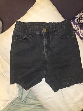 High-Rise Black Distressed Girls Denim Shorts